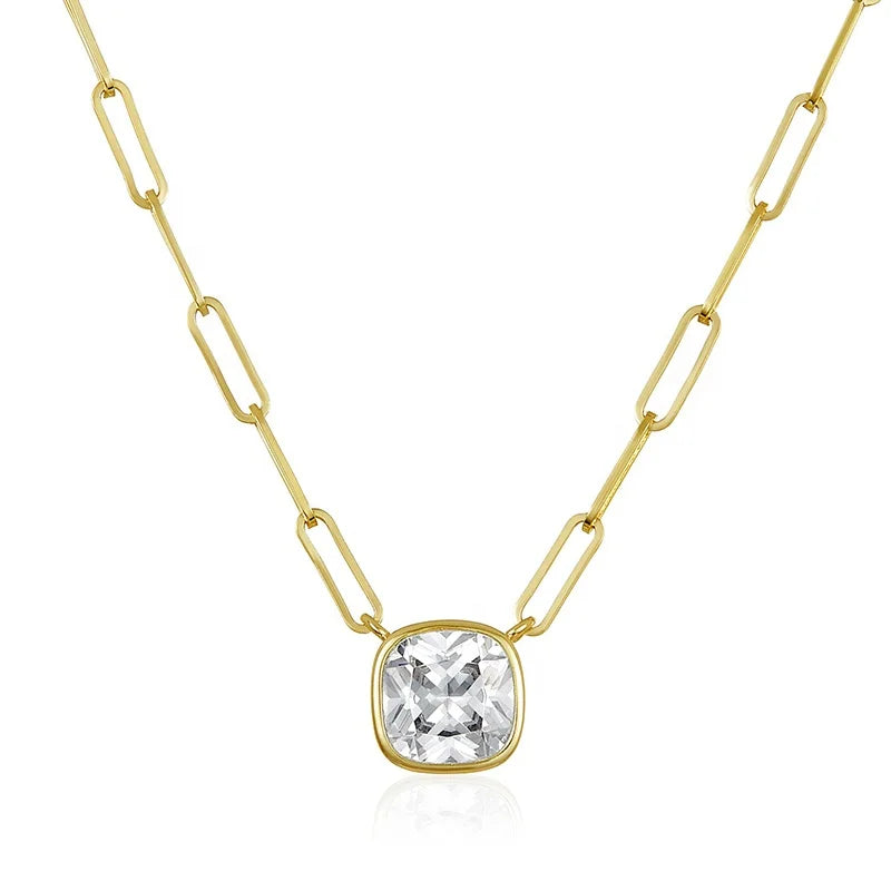 Milskye Fine High Quality Jewelry Gold Plated Bezel square Cubic Zirconia Paperclip Pendant Necklace