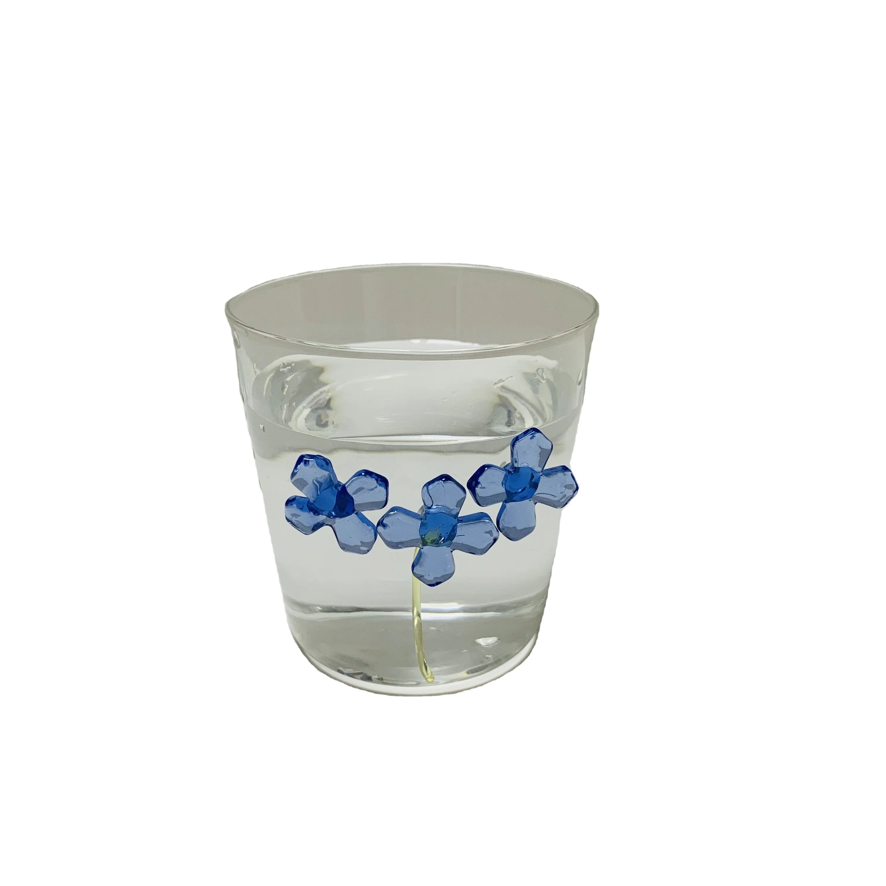 Custom Made Clear Hand-blown Glass Water Mug with 3D Decorative Blue Flower