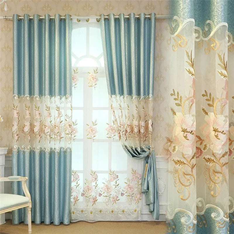 XinLan European Luxury Hollow Flower Embroidery Curtain High Grade Jacquard Half Blackout Curtain for Living Room Bedroom