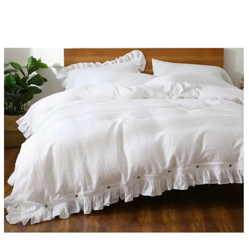 3-Piece Natural French Linen 100% Flax Set Woven Bedding Ruffled Duvet Cover Sheet Elegant Bed Bedding