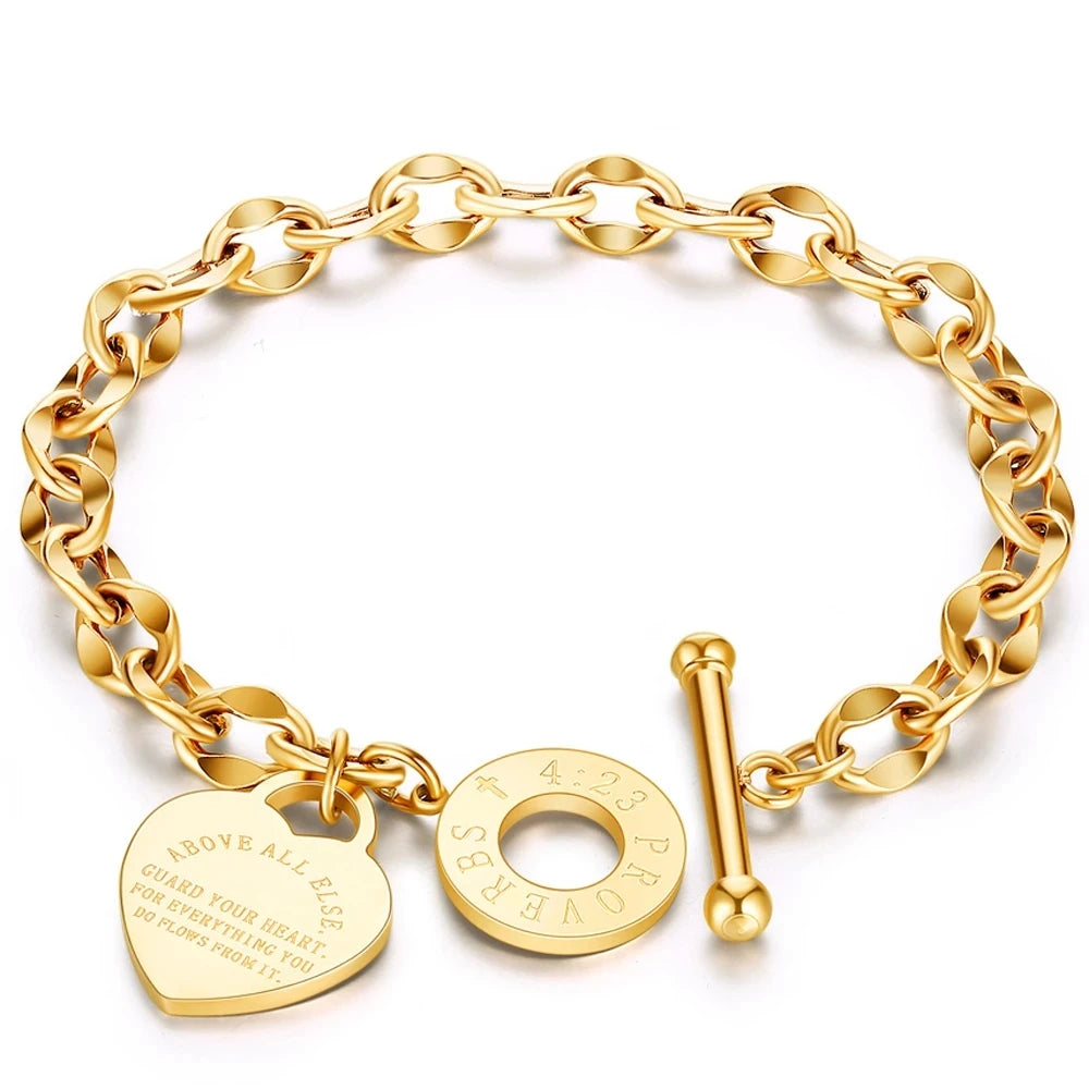 Stainless Steel Love Heart Bracelets for Women Party Gift Fashion Joyas De Chain Charm Bracelets Jewelry Wholesale Text Engraved