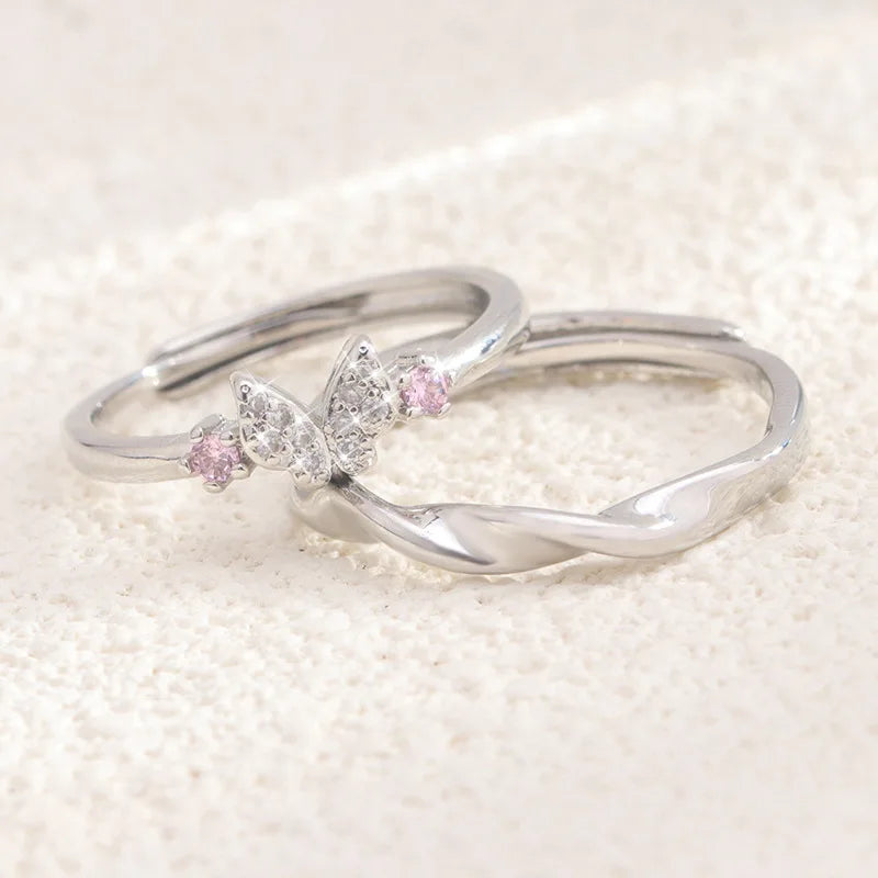 Anillos De Pareja Silver Plated Mobius and Zircon Butterfly Couple Ring for Men Women Open Adjustable Ring Wedding Jewelry