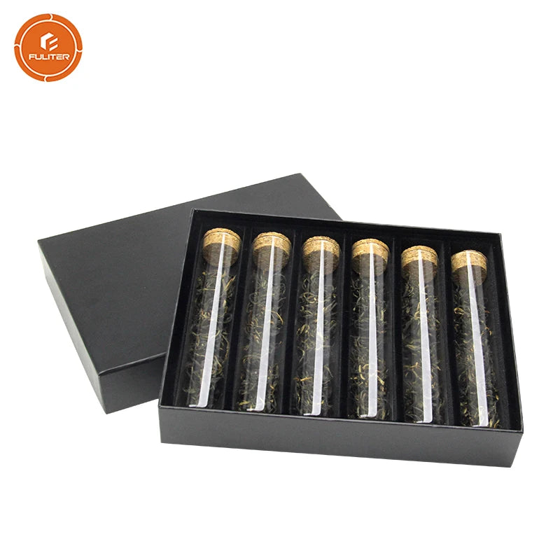 Beautiful Empty Paper Gift Custom Matte Black Tea Box Packaging With 6 Glass Tube