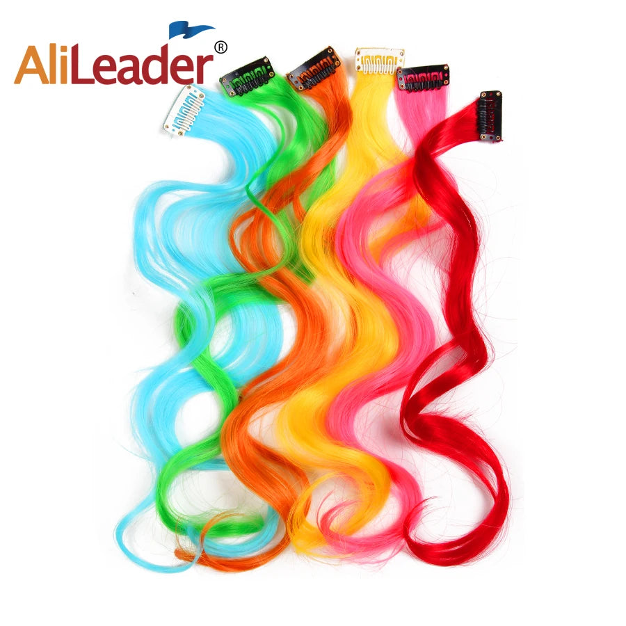 AliLeader 20-Inch Curly Wavy Synthetic Hairpiece Body Wave Clip-in Extensions in Rainbow Colors for Kids Girls Women
