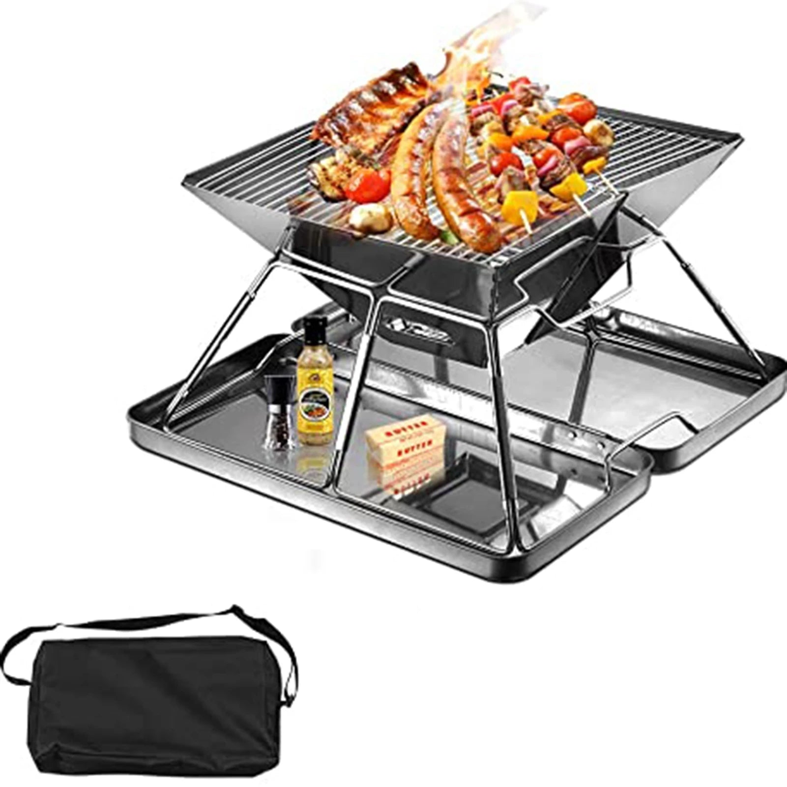 Folding Camping BBQ Grill Set Portable Barbecue Grill Stove 304 Stainless Steel Mini Pit Folding Grill for Camping Picnic BBQ