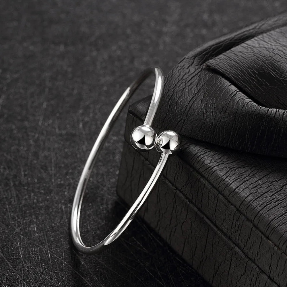 Sun Star Jewelry Manufacturer Trendy 925 Sterling Silver Rhodium Plated Lady's Double Ball Adjustable Open Cuff Bangle ZIRCON 2
