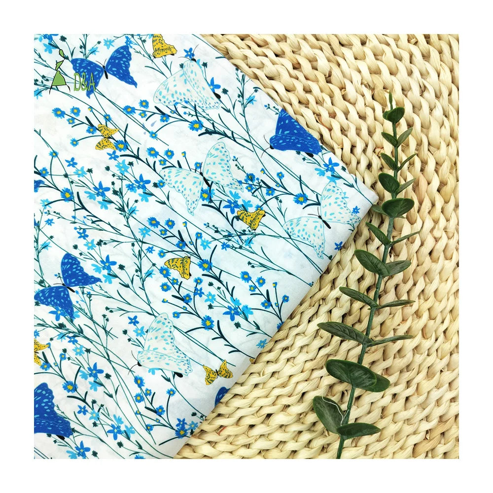 Blue Butterfly Printed 100% Organic Cotton Fabric Design Woven Poplin for Garments Home Decor for Boys' Shirts