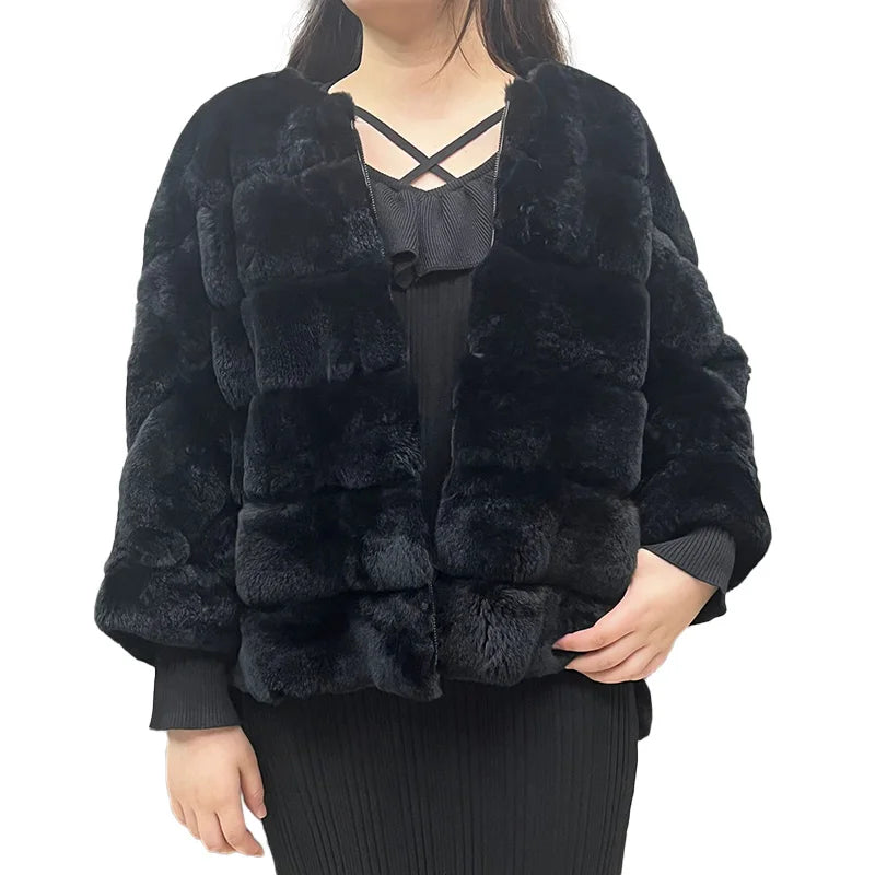Hot Sale Batwing Sleeve Free Size Fur Jacket Women Genuine Rex Rabbit Fur Coat