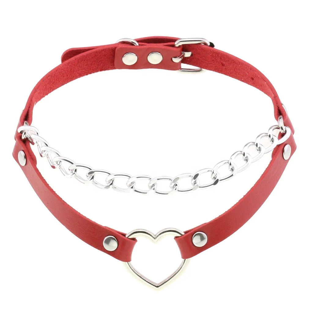 New Punk Harajuku Neck Chain Double Line Heart Necklace PU Leather Collar