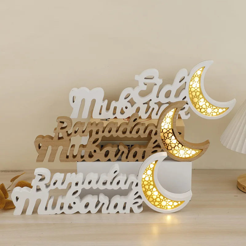 Muslim Ramadan Wooden Table Decoration Eid Mubarak LED Ornaments for Islam Party Decoration