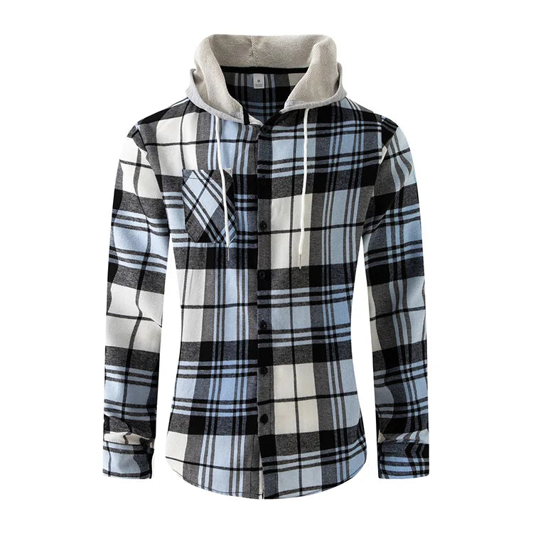 RNSHANGER Spring Men's Fashion Comfort Breathable Cotton Blend Flannel Shirts Long-sleeved Hooded Casual Business Plaid Printed
