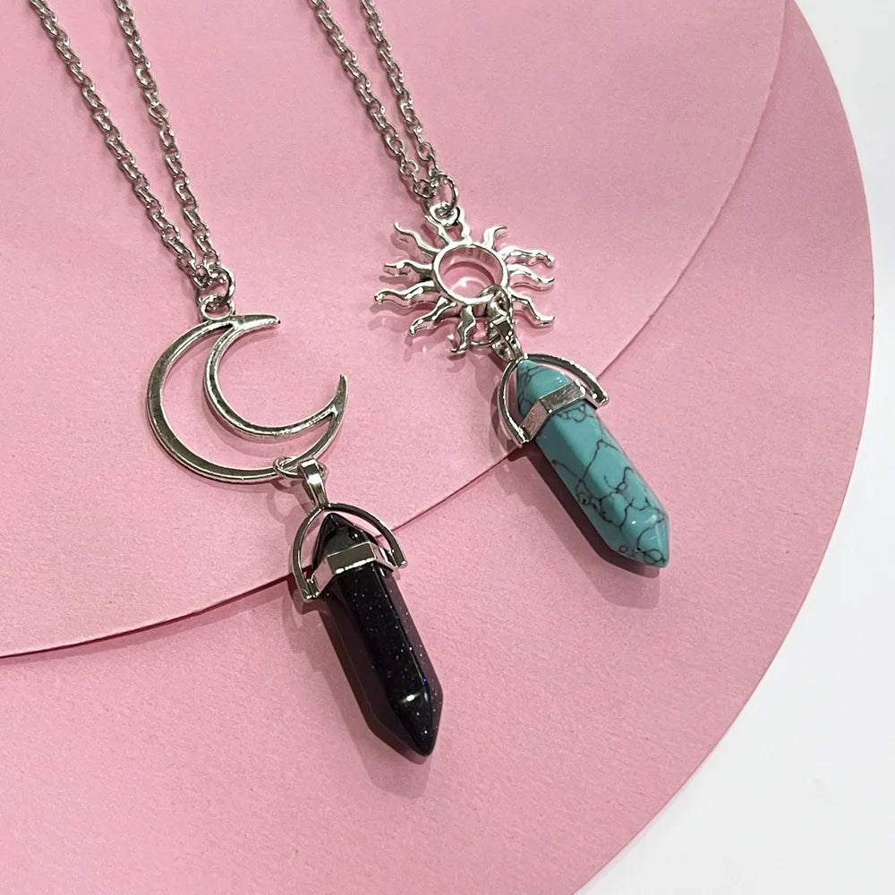 Vintage Sun Moon 2 Pcs/set Viking Rune Natural Stone Knot Pendant Necklace Hexagonal Pillar Amulet Crystal Couple Necklace