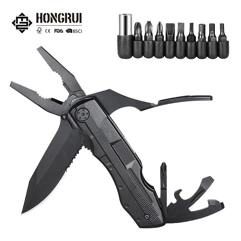 Hongrui Hot Selling Multi-functional Tool Hammer Saw Outdoor Camping Folding Wrench Knife Screwdriver Pocket Portable Pliers