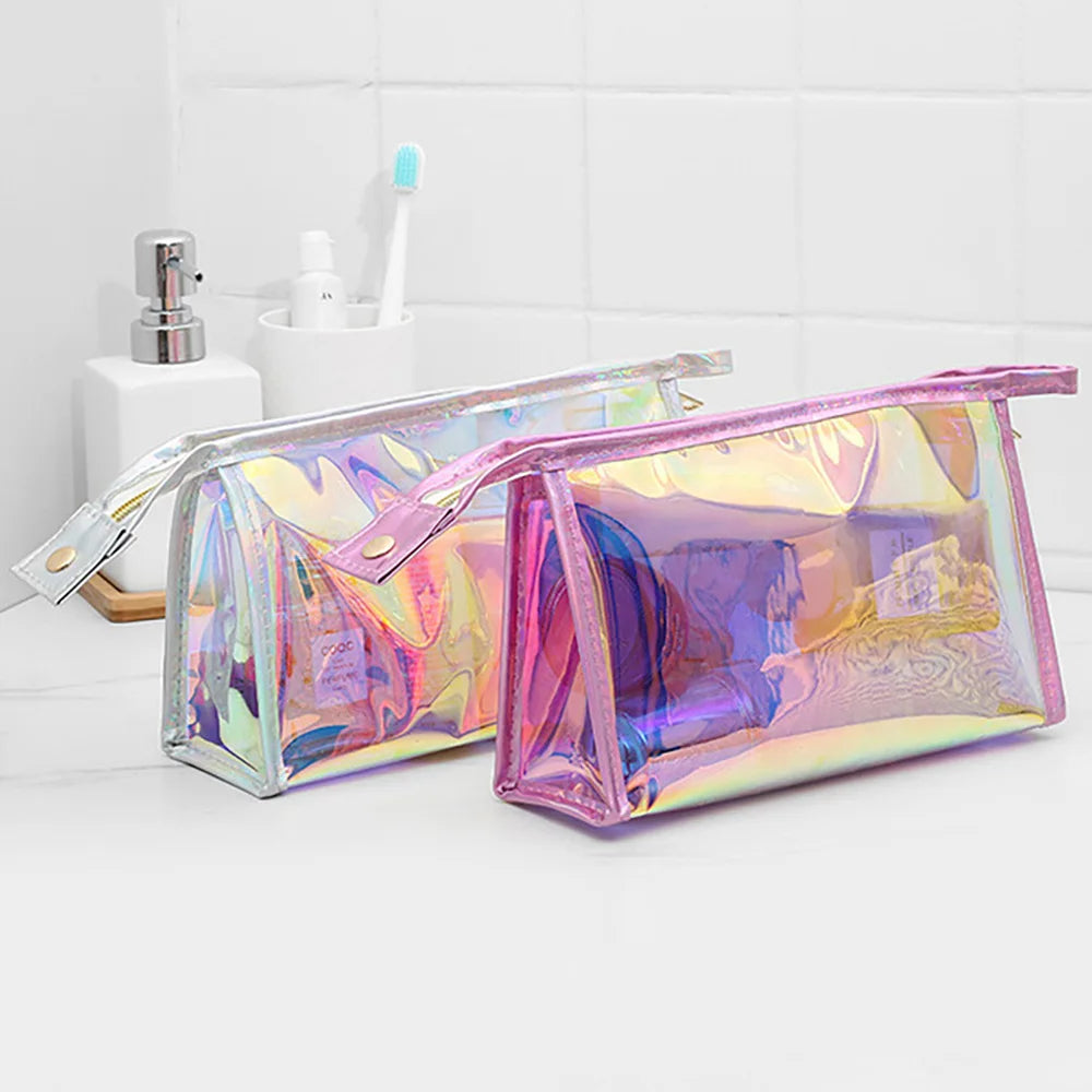 Hot Selling Travel Beauty Holographic PVC Portable Makeup Cosmetic Toiletry Wash Bag Custom Logo Zippered Packaging