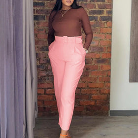 Solid Color Office Ladies Suit Pants Casual Slim Belt Fashion Slim High Waist Harem Pants Women Plus Size Black Trousers Female
