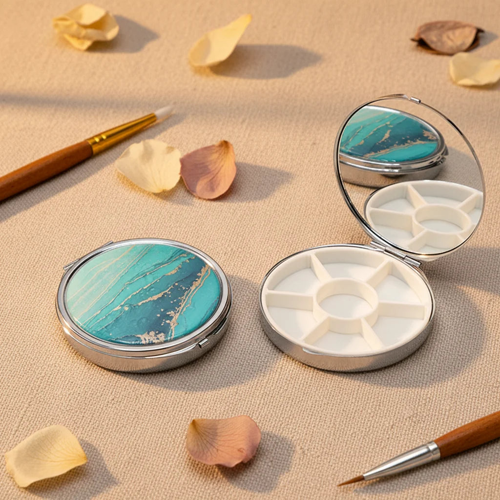 Portable Mirror Mini Jewelry Box Pill Box Metal Round Shape Blank or Custom Design 7 Days Pill Box
