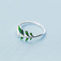 New Fresh Design S925 Sterling Silver Elegant Leaf Green Resizable Simple Style 925 Sterling Silver Finger Ring Women Girl J3214