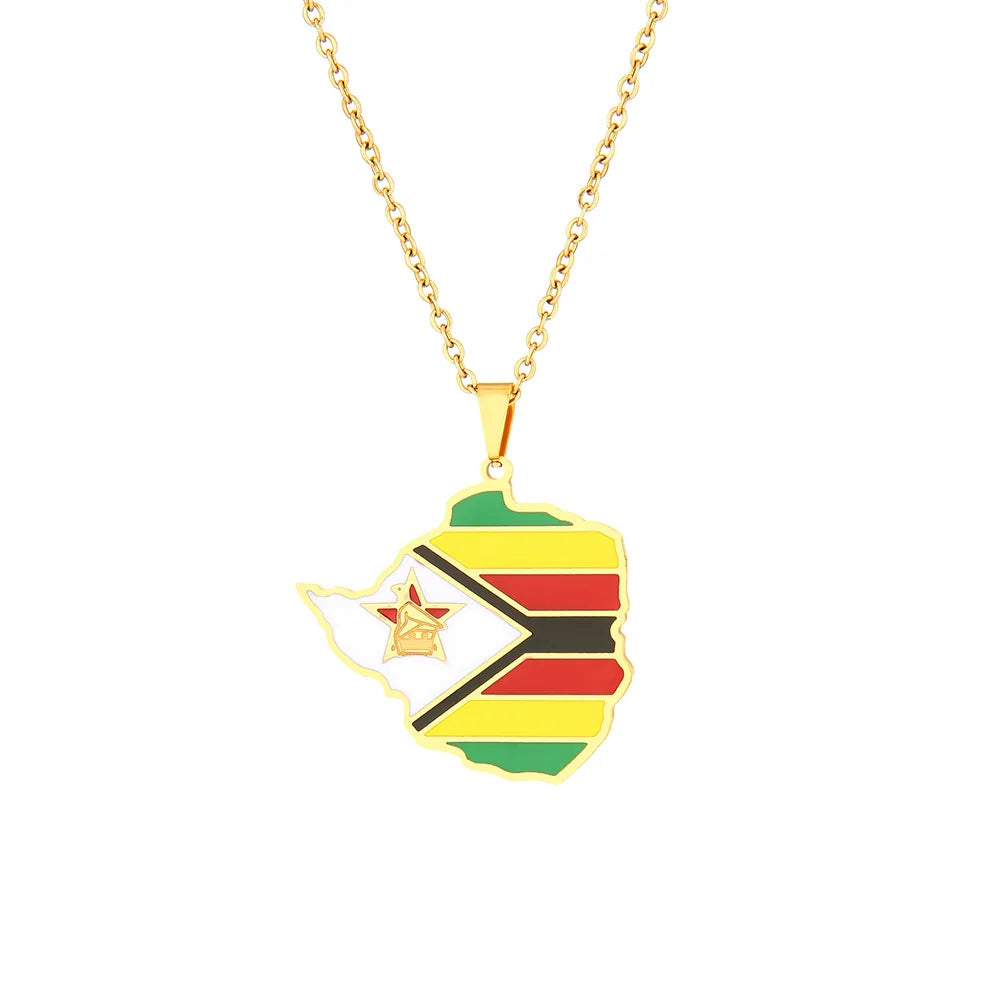 Couple Stainless Steel Jewelry Enameled Zimbabwe Map Necklace