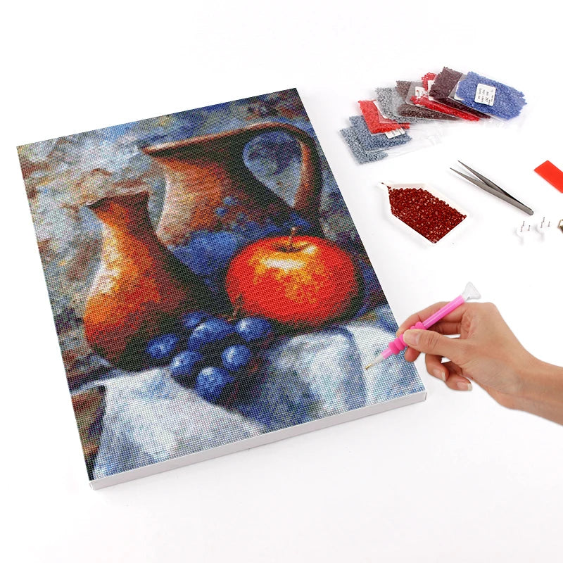 5d Diamond Painting with Frame Fruit and Pottery Jar Living Room Wall Art DIY Diamond Painting Set