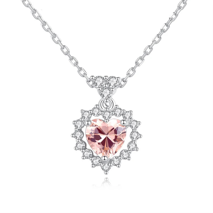 Luxury Jewelry 925 Sterling Silver Peach Heart Zircon Diamond Women Fashion Garnet Gemstone Pendant Necklace