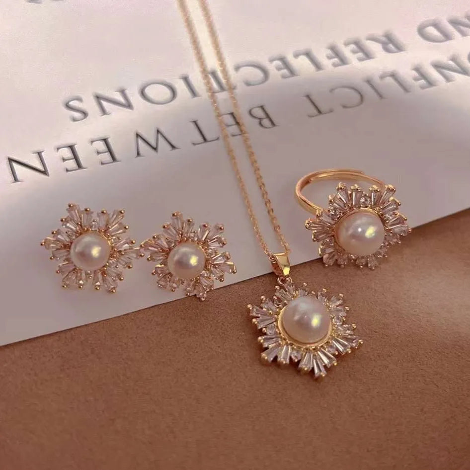 6.5-9MM5A Snowflake Steamed Bun Freshwater Pearl Necklace Earrings Ring Set Gold Plated Crystal Trendy Women's Jewelry for Gift
