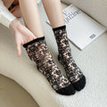 Vintage Korean Black White Crystal Glass Silk Flower Mesh Lace Socks