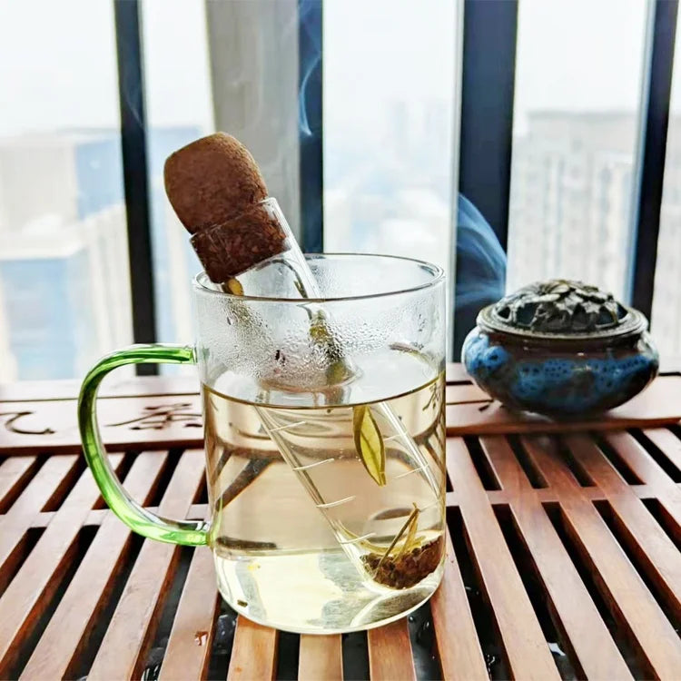 Glass Tube Tea Infuser with Cork Lid Strainer Tube High Borosilicate Glass for Loose Tea Customized Logo Cylinder Transparent