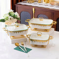 Factory Custom 11/13/15 Inch Gold Oval Shape Casserole Marble Ceramic Buffet Soup Pot With Iron Stand With Glass Lid