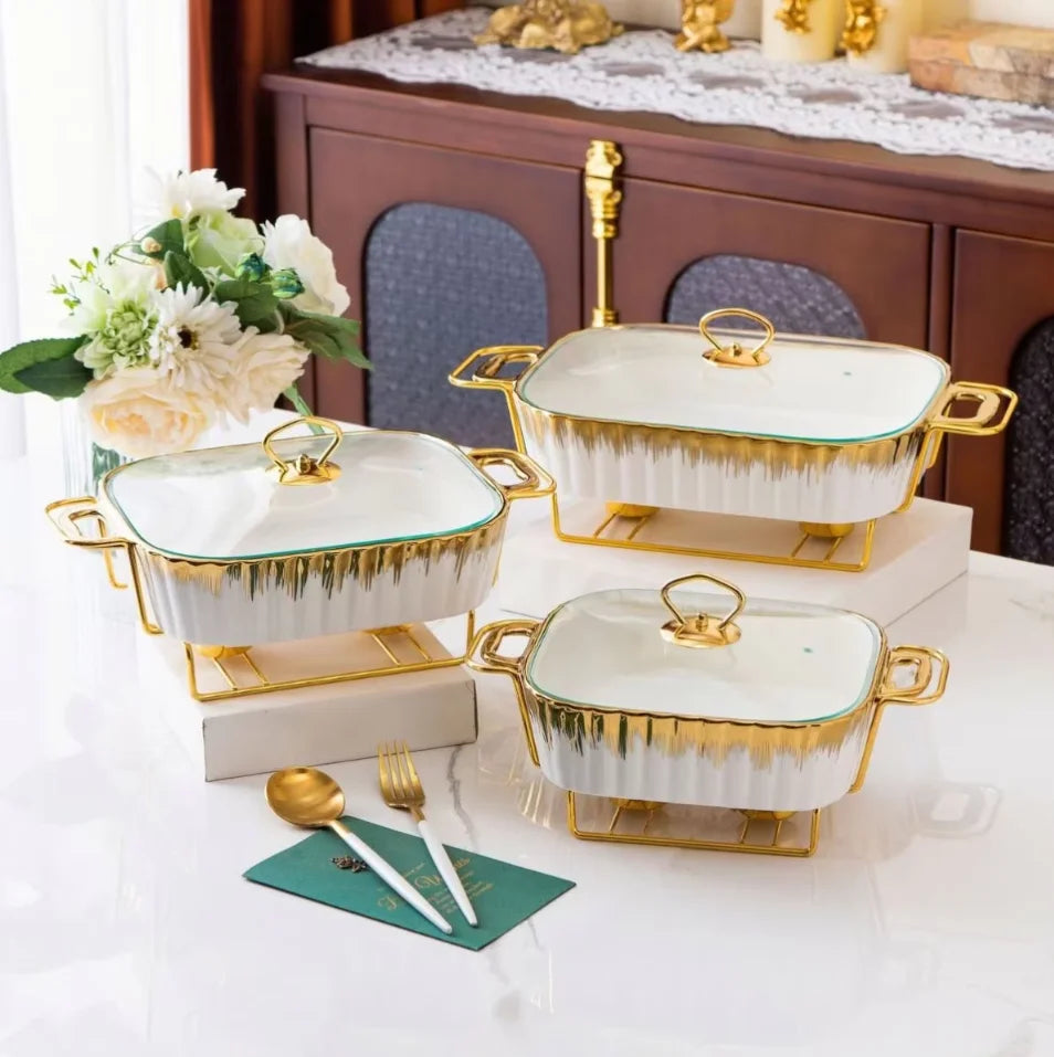 Factory Custom 11/13/15 Inch Gold Oval Shape Casserole Marble Ceramic Buffet Soup Pot With Iron Stand With Glass Lid