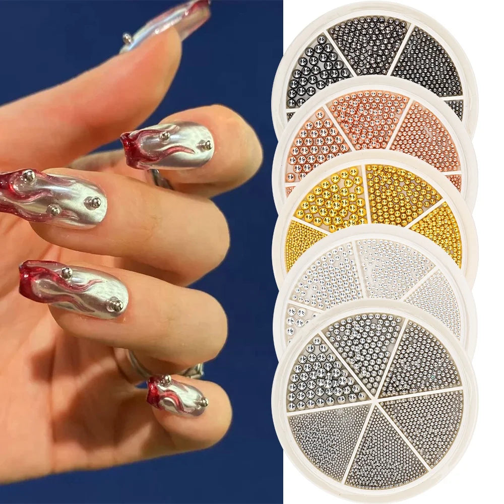 6 Grids Nail Rhinestones Tiny Steel Caviar Beads 0.8-1.5mm Mixed Size 3D Design Rose Gold Silver Jewelry Manicure DIY Decoration