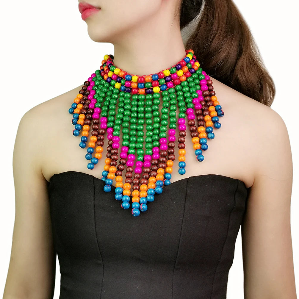 New Boho Handmade Wooden Beaded Necklaces Statement Multicolor Beads Women Long Pendant Tassels Bib Choker African Jewelry
