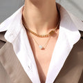 Gold Plated Stainless Steel Hip Hop Two Layers Chain Irregular Pearl Pendant Chokers Necklace for Women