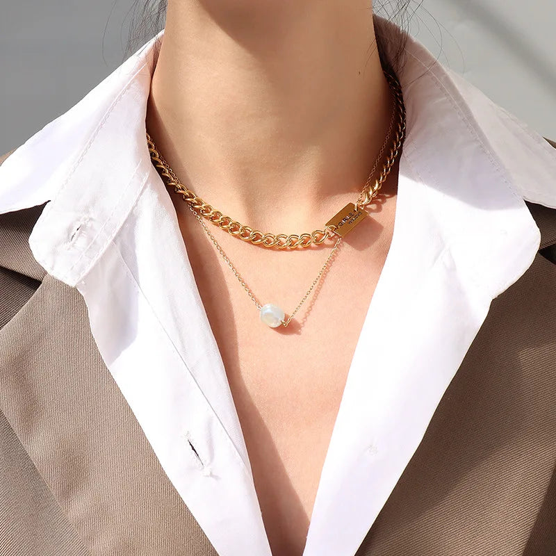 Gold Plated Stainless Steel Hip Hop Two Layers Chain Irregular Pearl Pendant Chokers Necklace for Women