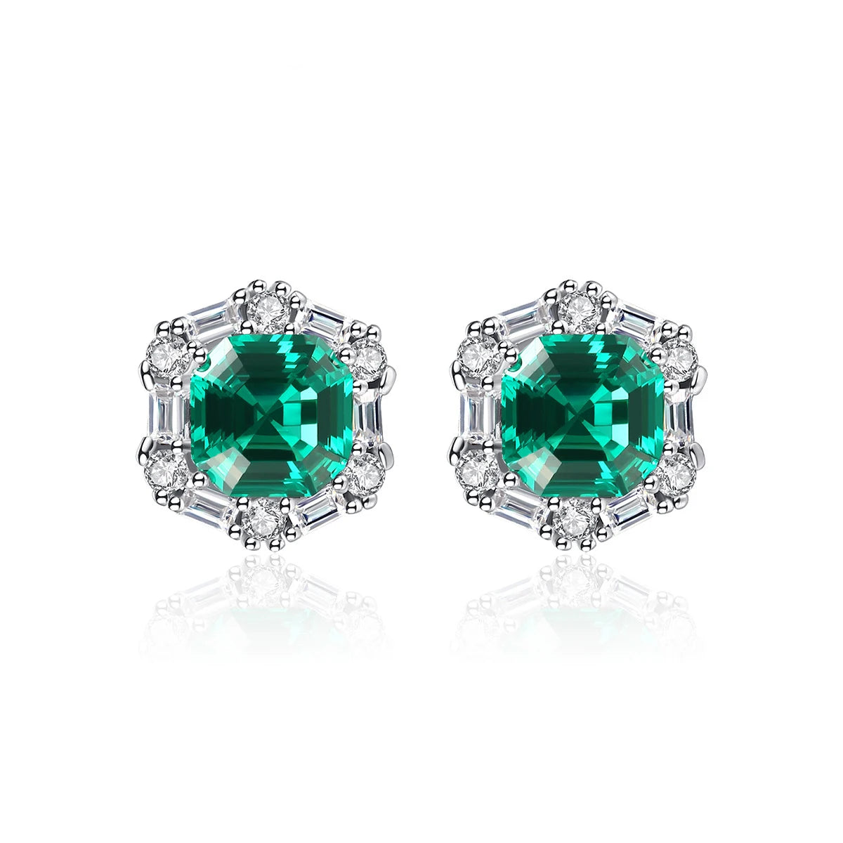 Trendy 925 Sterling Silver Stud Earrings for Women Green Emerald Zircon Hexagon Fashionable Ear Jewelry for Weddings Engagements