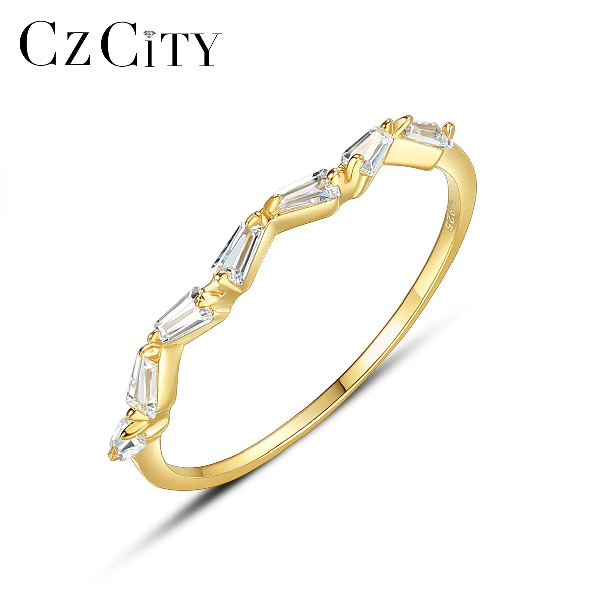 CZCITY Marquise Cut Stone 925 Zircon Sterling Silver Woman Band Dainty Finger Girl Ring Gold Plated