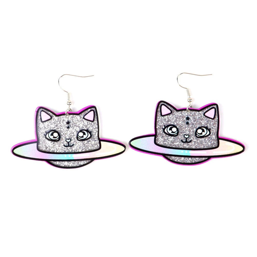 Girl Cute Acrylic Earrings Print Silver Japanese and Korean Cat Planet Sweet Popular Cheap Anime Cartoon Animal Sequin 1 Pair FS