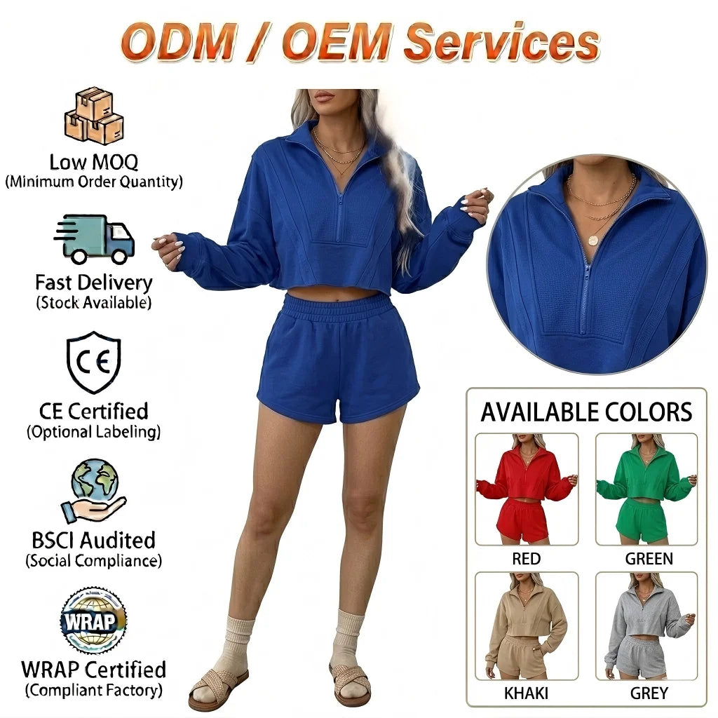 Custom Tracksuit Ladies Activewear Sets Women Cropped Top 1/4 Zip Pullover Women's Hoodies & Sweatshirts Shorts Sets
