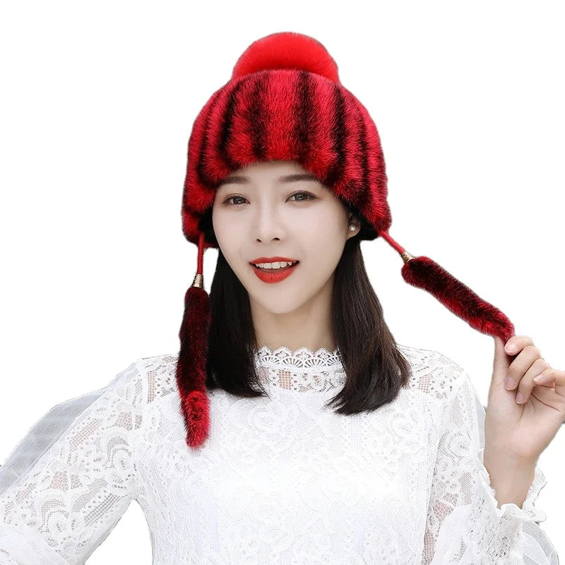 Woman Winter Real Mink Fur Beanie Hat Earflap Warm Winter Hats for Women Luxury