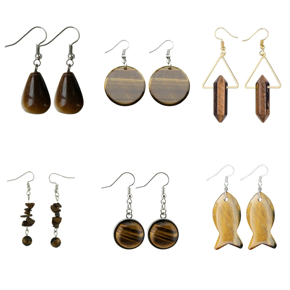 Best Quality Fashion Unquine Natural Tiger Eye Gemstone Pendant Gold Plated Jewelry Drop Earrings