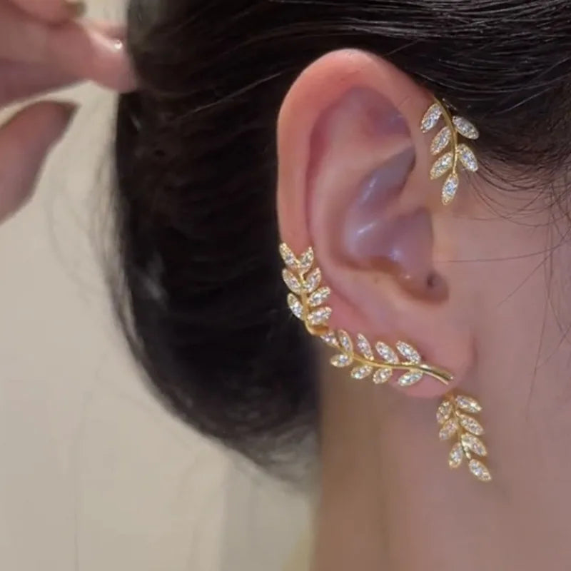 Luxury Gold Silver Color Cubic Zirconia Cuff Earrings Jewelry Non-Piercing Crystal Leaf Ear Clips on Earrings for Women