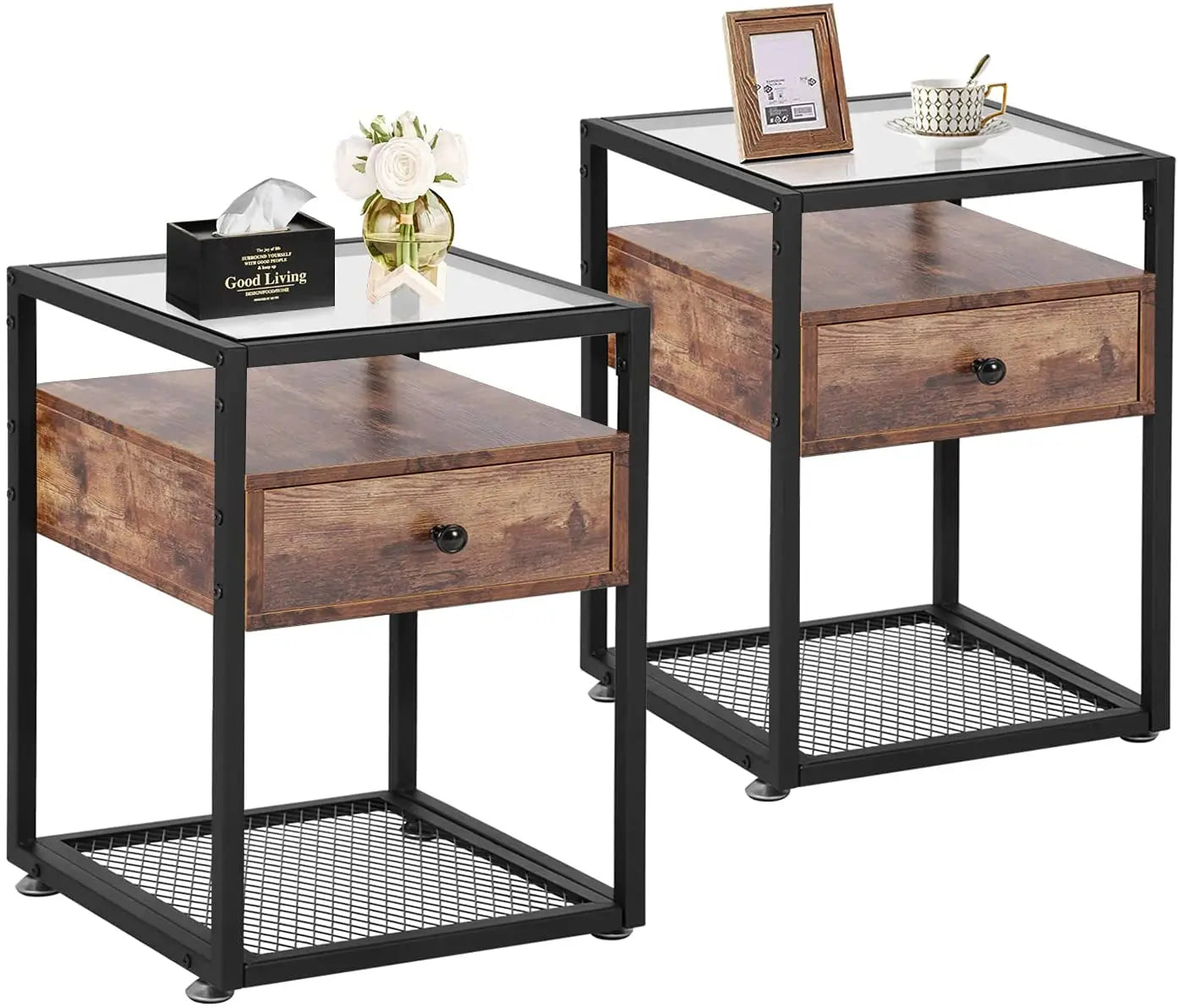 Wood Narrow Black Bedside Farmhouse Nightstand Side Table With Drawers