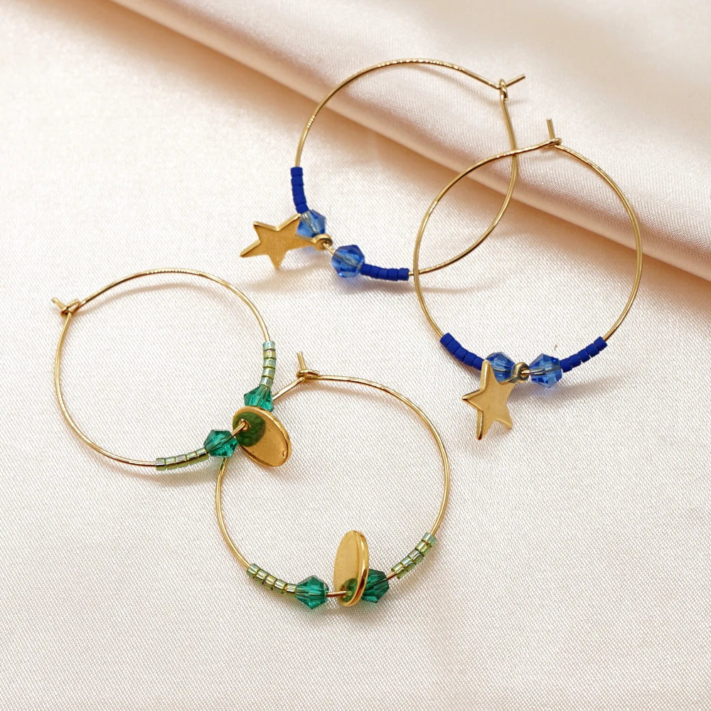 Go2BoHo Star Charm Hoop Earrings Gold Plated  Fashion Jewelry Sapphire Crystal Miyuki Seed Bead Earings for Women