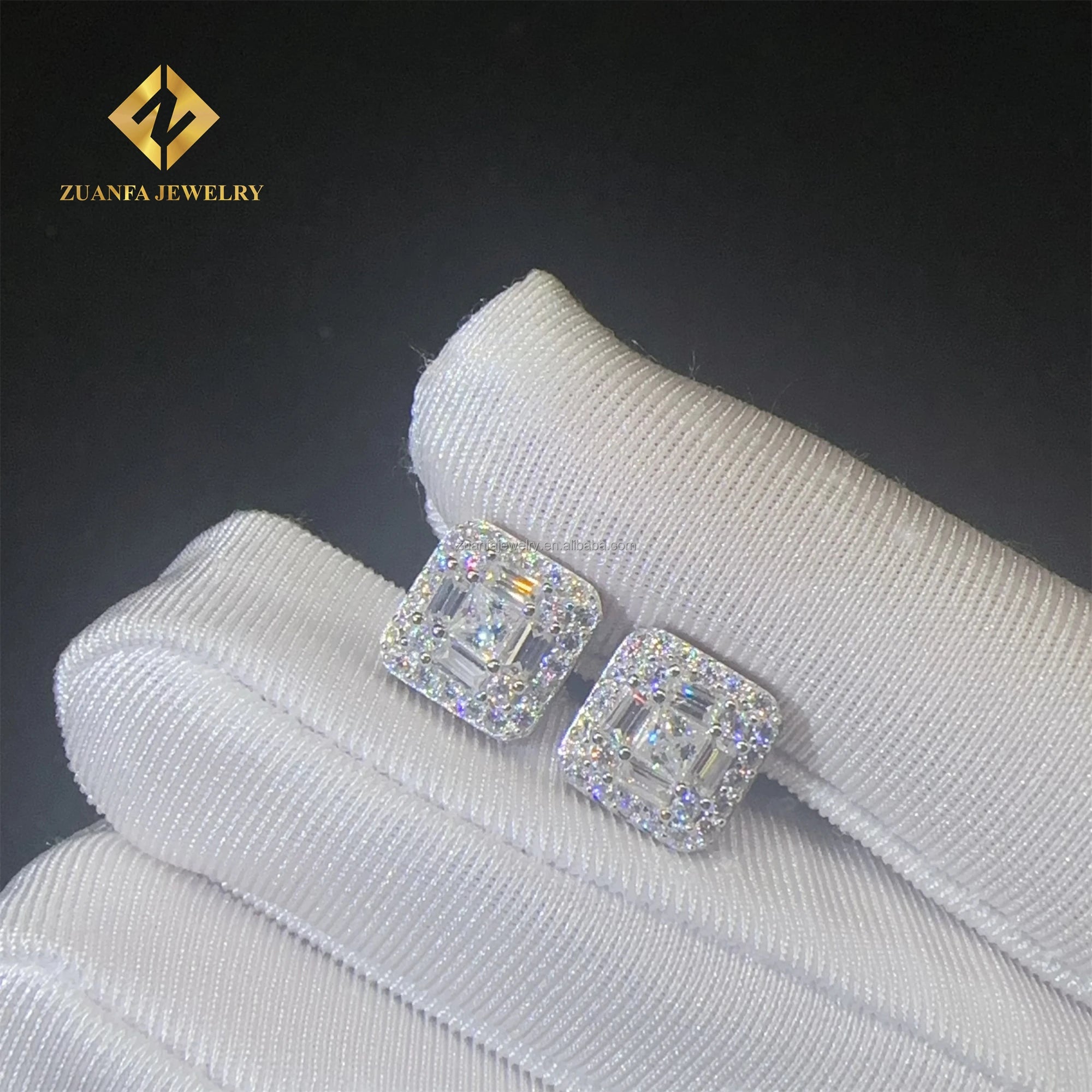 Pass Diamond Tester 925 Silver Rhodium Plated Hip Hop Earring Jewelry Iced Out Baguette Moissanite Diamond Men Stud Earrings