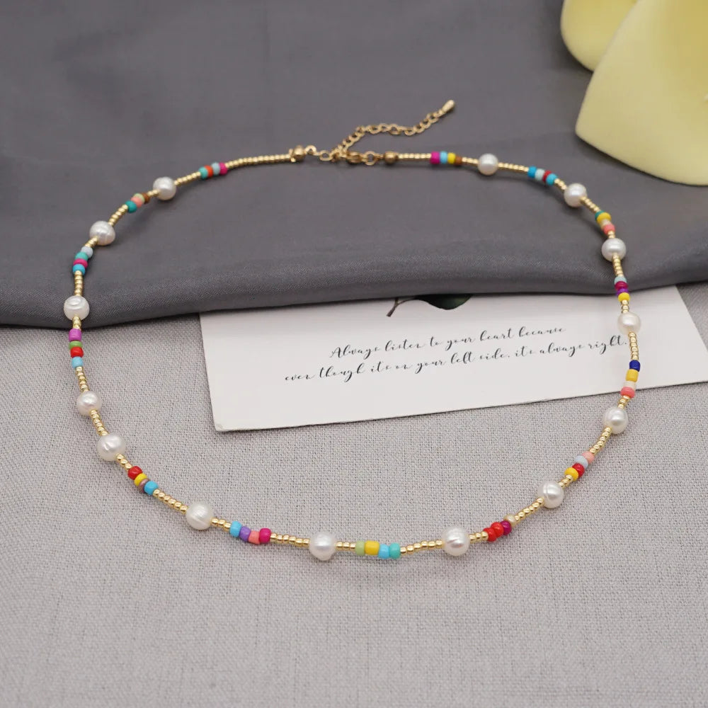 Boho Handmade Delicate Glass Seed Beads Chokers Women Jewelry Customized Latest Design Freshwater Pearl Neck Choker Necklace