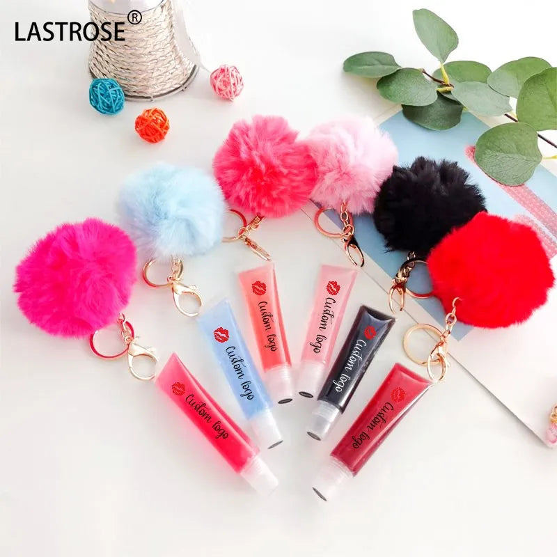 Squeeze Vegan Lipgloss Oil Pink Plumper Wholesale Keychain Private Label Vendors Clear Plumping Lip Gloss Keychain With Pompom