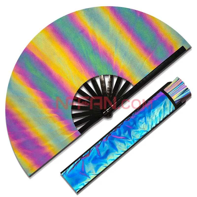 In Stock Reflective Iridescent Holographic Star Folding Clack Hand Fan with Fan Bag As Rave Festivals Party Accessories