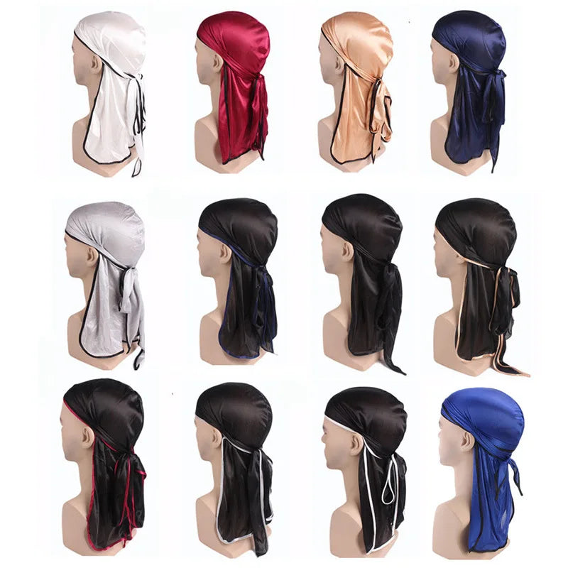 Wholesale Unisex Patterns Printed Satin Silky Du Rags Long Tail Headwrap Caps Wrap Plain Silky  Durag