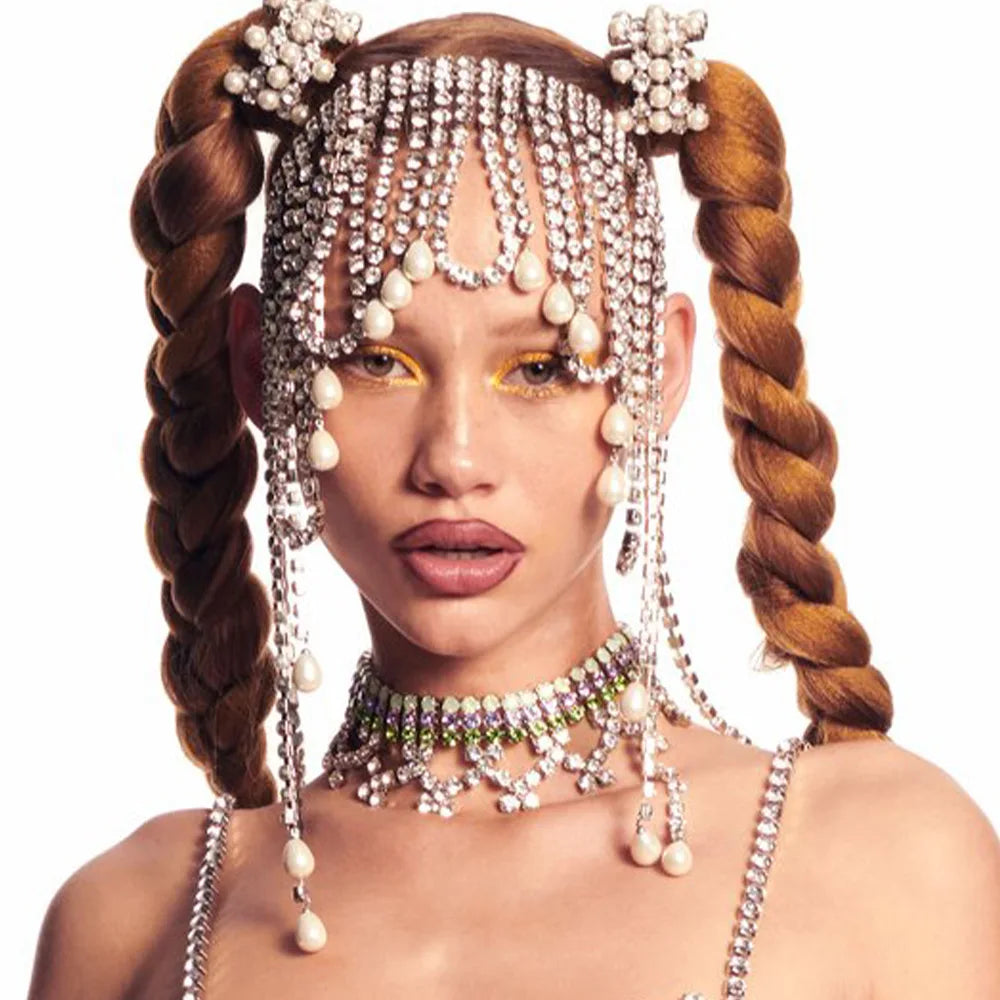Big Rhinestone Hermosa Crystal Head Drip Diamond Headband Long Tassel Hair Chain Wedding Women Hair Accessories