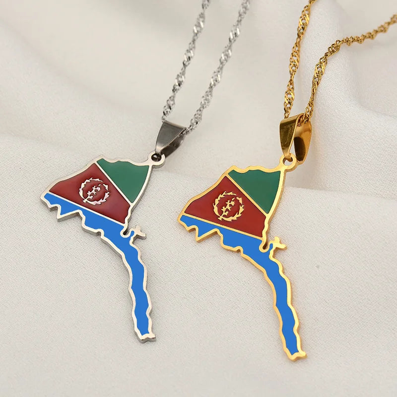 Eritrea Map Flag Pendant Thin Necklaces for Women Girls Gold Color African Map of Eritrean Stainless Steel Jewelry