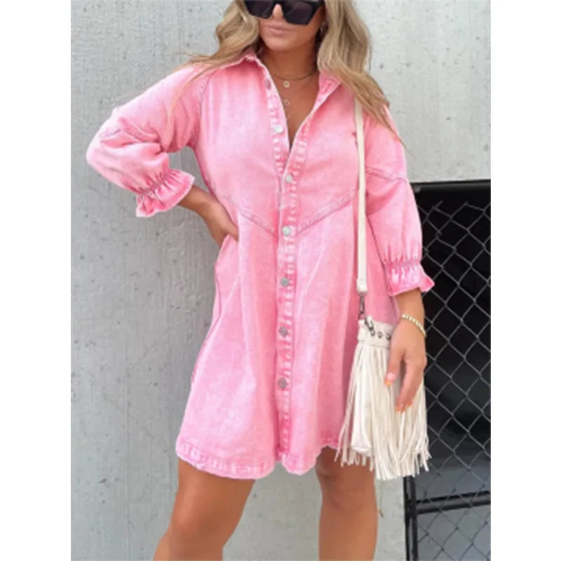 S-3XL Women's Washed Shirt Denim Dress Casual and Fashionable Lantern Sleeve Loose Fitting Dress